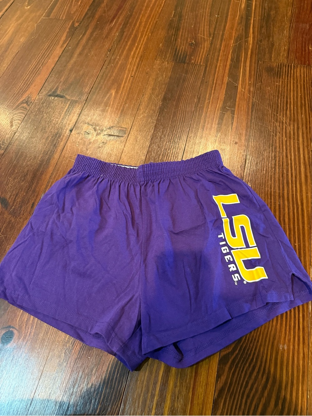 Purple LSU Tigers Women's Athletic Shorts with Yellow Logo